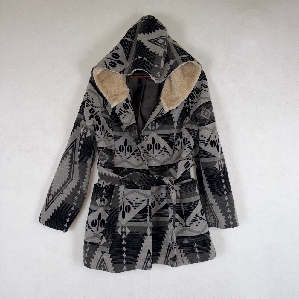 Urban Republic Coat Women Large Grey Black Aztec Southwestern Hooded Wrap Jacket